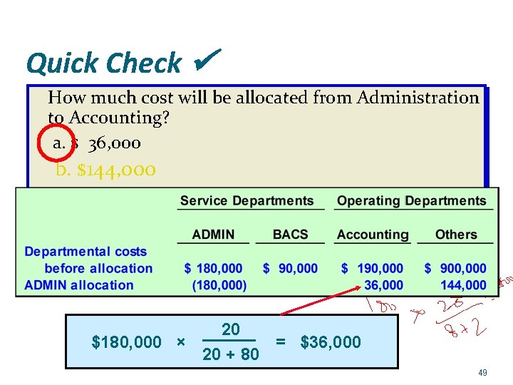 Quick Check How much cost will be allocated from Administration to Accounting? a. $