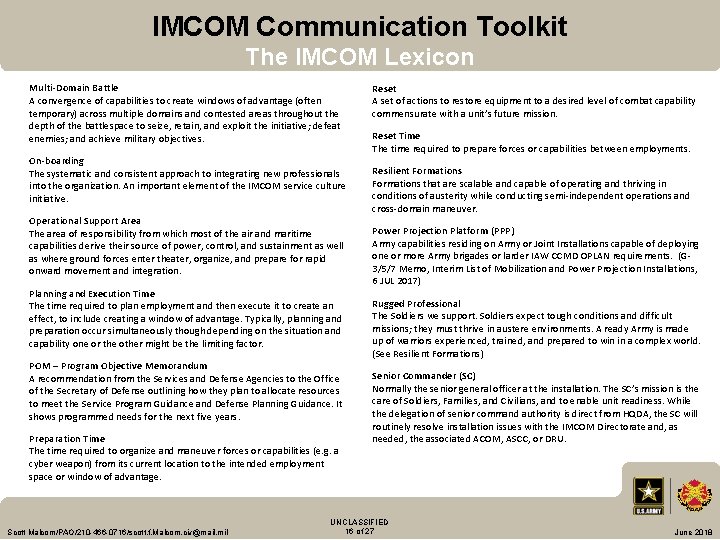 IMCOM Communication Toolkit The IMCOM Lexicon Multi-Domain Battle A convergence of capabilities to create