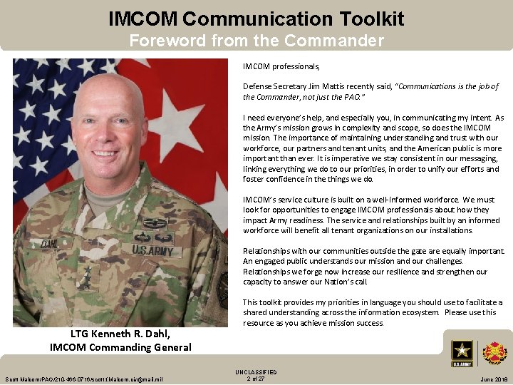 IMCOM Communication Toolkit Foreword from the Commander Introduction & IMCOM professionals, Defense Secretary Jim