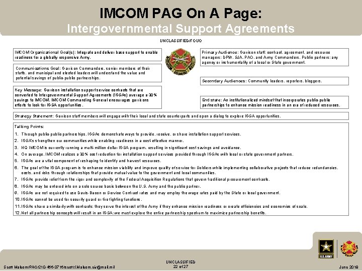 IMCOM PAG On A Page: Intergovernmental Support Agreements UNCLASSIFIED/FOUO IMCOM Organizational Goal(s): Integrate and