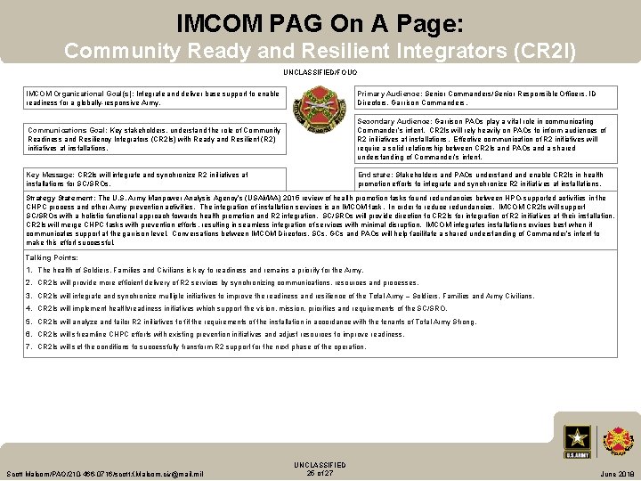 IMCOM PAG On A Page: Community Ready and Resilient Integrators (CR 2 I) UNCLASSIFIED/FOUO