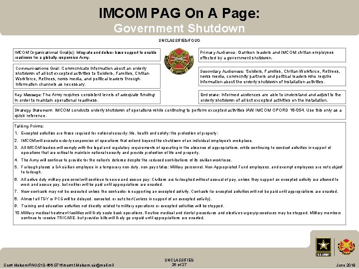 IMCOM PAG On A Page: Government Shutdown UNCLASSIFIED/FOUO Primary Audience: Garrison leaders and IMCOM