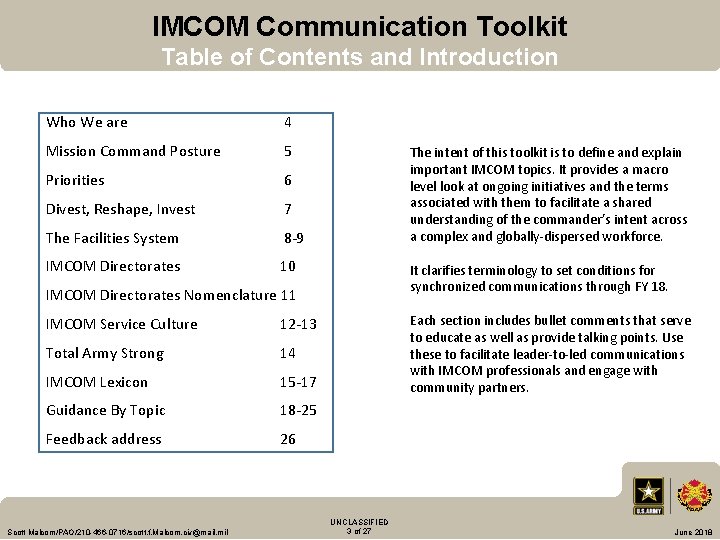 IMCOM Communication Toolkit Table of Contents and Introduction & Who We are 4 Mission