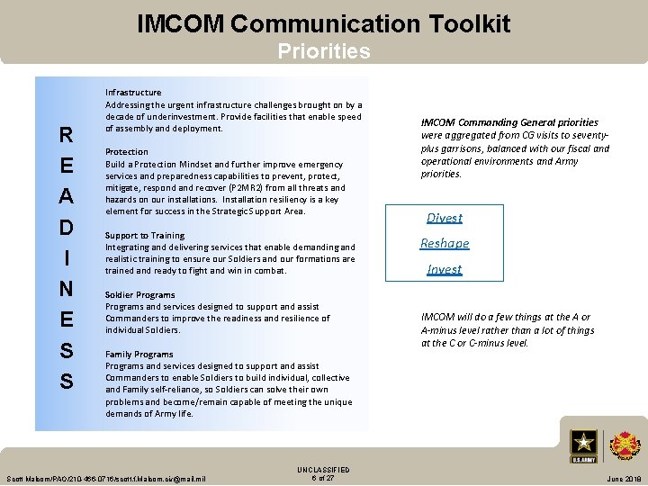 IMCOM Communication Toolkit Priorities R E A D I N E S S Infrastructure