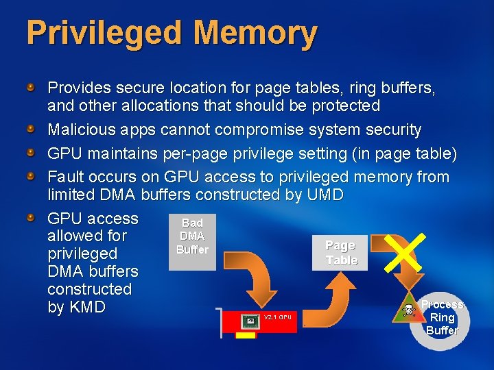 Privileged Memory Provides secure location for page tables, ring buffers, and other allocations that