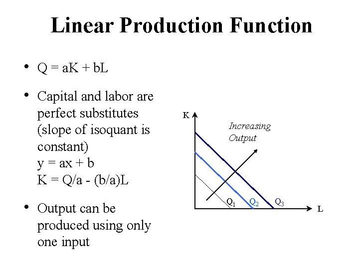 Linear Production Function • Q = a. K + b. L • Capital and