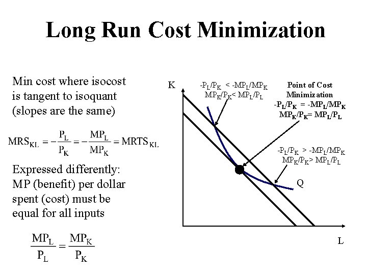 Long Run Cost Minimization Min cost where isocost is tangent to isoquant (slopes are