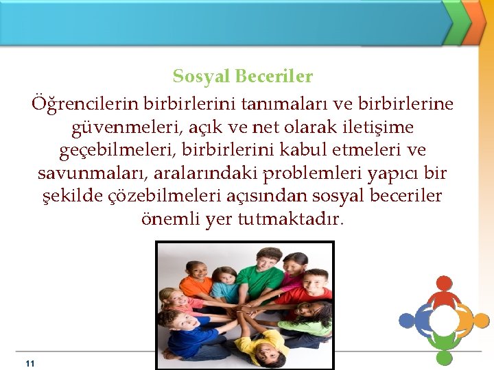 Sosyal Beceriler Öğrencilerin birbirlerini tanımaları ve birbirlerine güvenmeleri, açık ve net olarak iletişime geçebilmeleri,