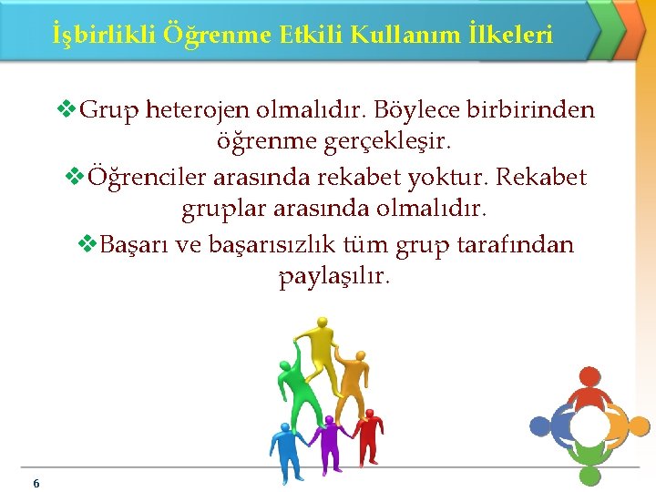 İşbirlikli Öğrenme Etkili Kullanım İlkeleri v. Grup heterojen olmalıdır. Böylece birbirinden öğrenme gerçekleşir. vÖğrenciler