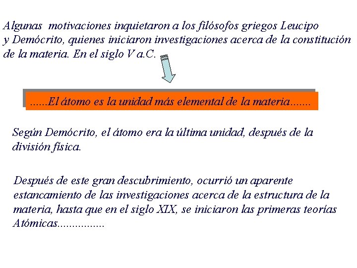 Algunas motivaciones inquietaron a los filósofos griegos Leucipo y Demócrito, quienes iniciaron investigaciones acerca