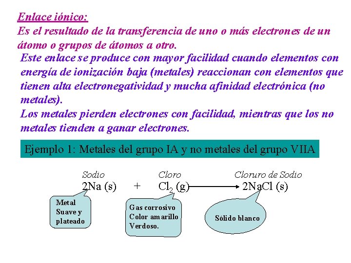 Enlace iónico: Es el resultado de la transferencia de uno o más electrones de