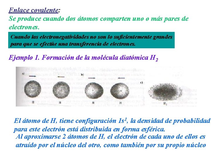 Enlace covalente: Se produce cuando dos átomos comparten uno o más pares de electrones.