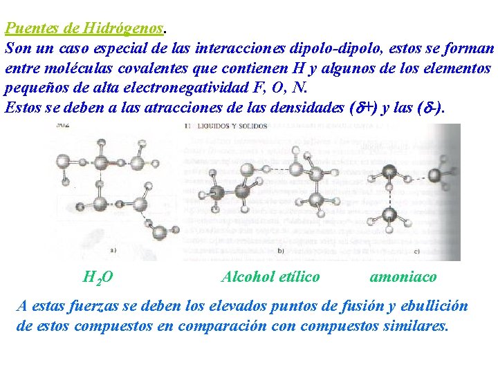 Puentes de Hidrógenos. Son un caso especial de las interacciones dipolo-dipolo, estos se forman