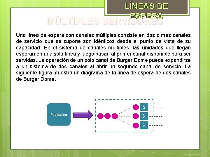 LÍNEAS DE ESPERA MÚLTIPLES SERVIDORES Una línea de espera con canales múltiples consiste en LÍNEAS DE ESPERA MÚLTIPLES SERVIDORES Una línea de espera con canales múltiples consiste en
