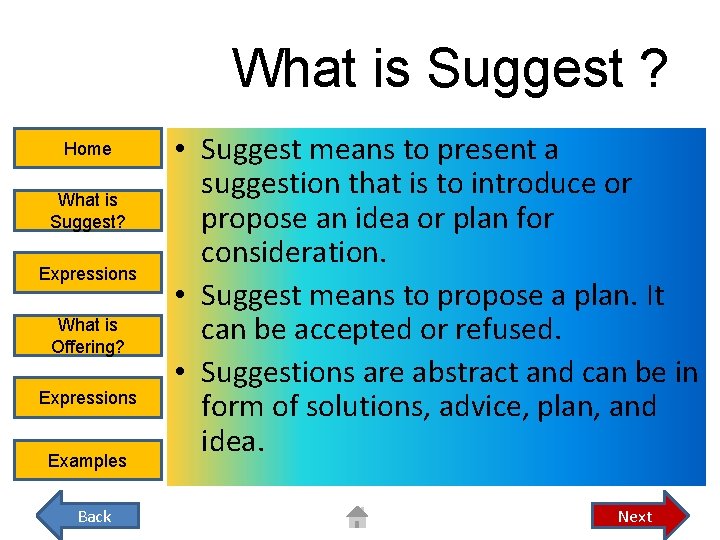 What is Suggest ? Home What is Suggest? Expressions What is Offering? Expressions Examples