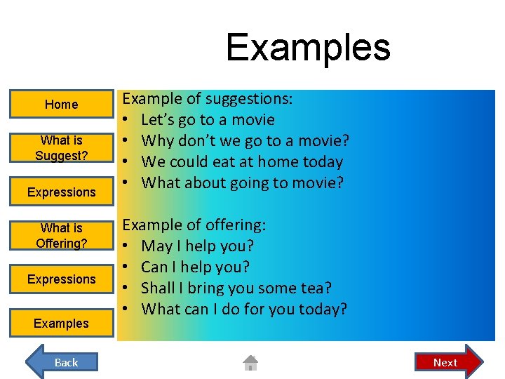 Examples Home What is Suggest? Expressions What is Offering? Expressions Examples Back Example of