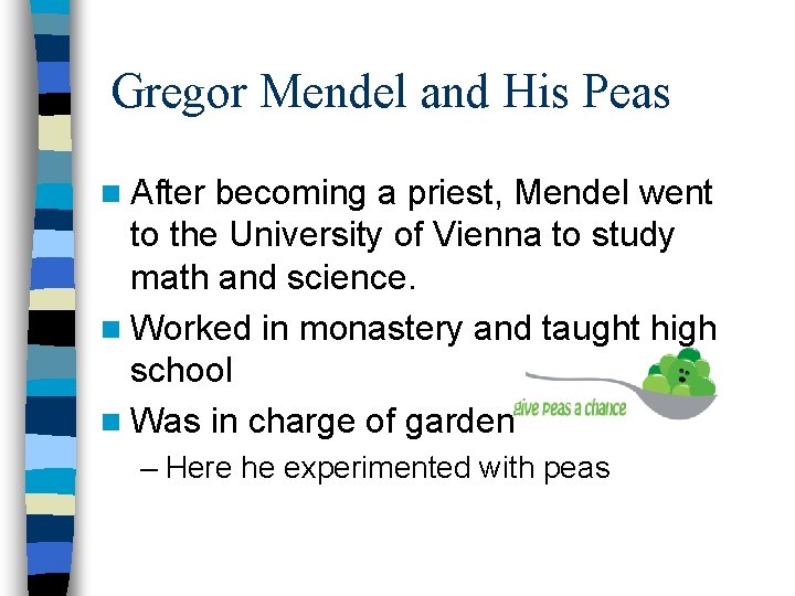 Gregor Mendel and His Peas n After becoming a priest, Mendel went to the Gregor Mendel and His Peas n After becoming a priest, Mendel went to the