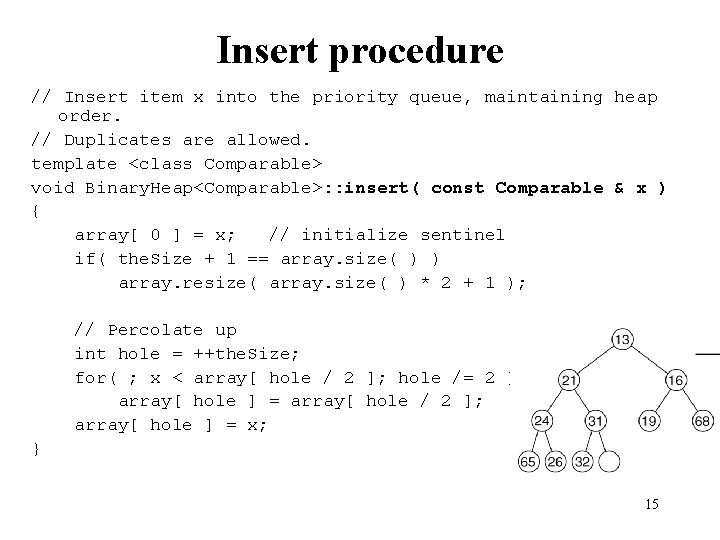 Insert procedure // Insert item x into the priority queue, maintaining heap order. //