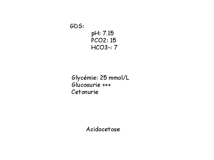 GDS: p. H: 7. 15 PCO 2: 15 HCO 3 -: 7 Glycémie: 25