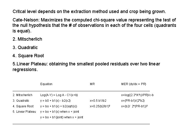 Critcal level depends on the extraction method used and crop being grown. Cate-Nelson: Maximizes