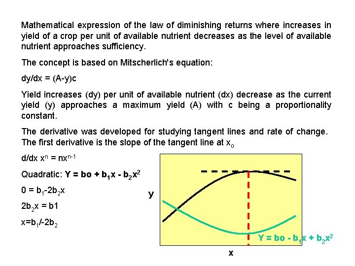 Mathematical expression of the law of diminishing returns where increases in yield of a