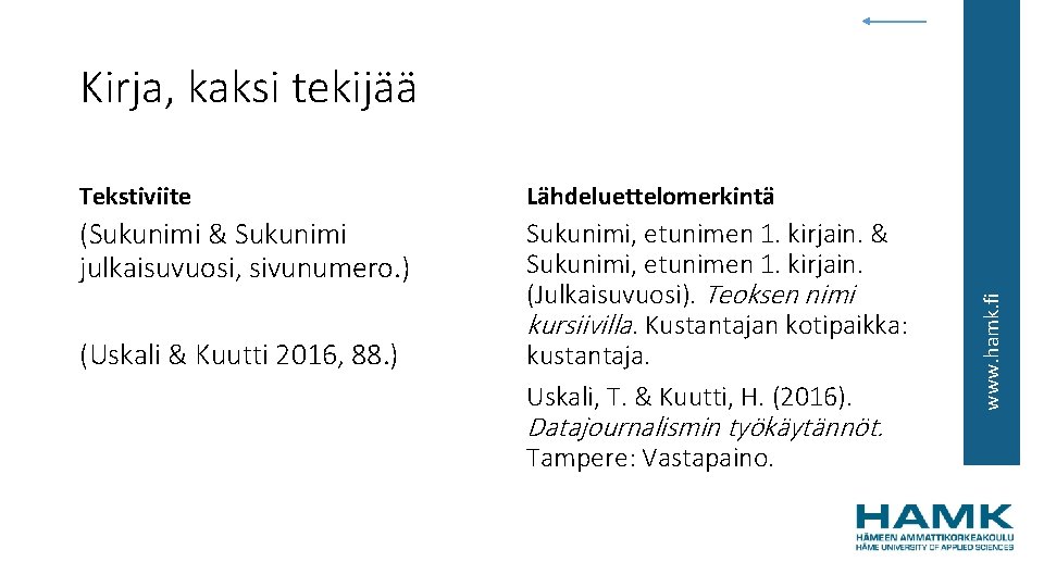 Tekstiviite Lähdeluettelomerkintä (Sukunimi & Sukunimi julkaisuvuosi, sivunumero. ) Sukunimi, etunimen 1. kirjain. & Sukunimi,