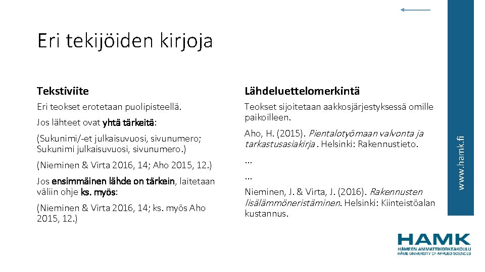 Tekstiviite Lähdeluettelomerkintä Eri teokset erotetaan puolipisteellä. Teokset sijoitetaan aakkosjärjestyksessä omille paikoilleen. Jos lähteet ovat
