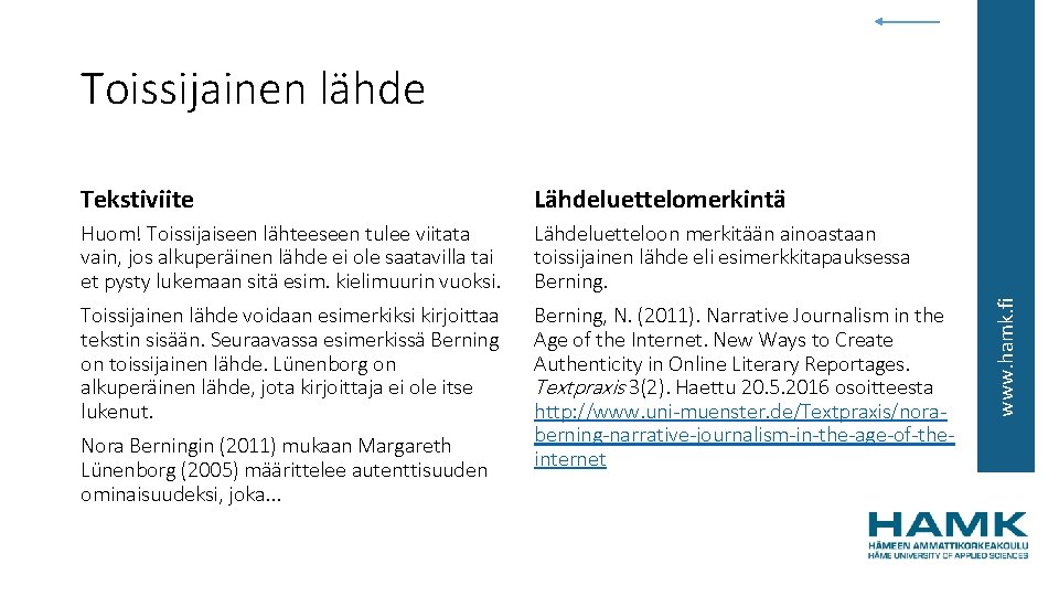 Tekstiviite Lähdeluettelomerkintä Huom! Toissijaiseen lähteeseen tulee viitata vain, jos alkuperäinen lähde ei ole saatavilla