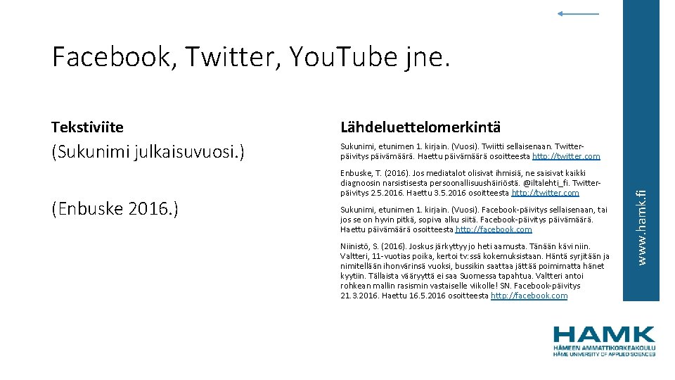 Tekstiviite Lähdeluettelomerkintä (Sukunimi julkaisuvuosi. ) Sukunimi, etunimen 1. kirjain. (Vuosi). Twiitti sellaisenaan. Twitterpäivitys päivämäärä.