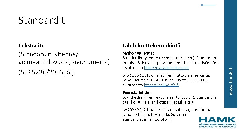 Tekstiviite Lähdeluettelomerkintä (Standardin lyhenne/ voimaantulovuosi, sivunumero. ) (SFS 5236/2016, 6. ) Sähköinen lähde: Standardin