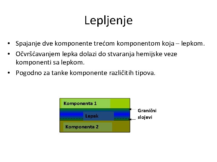 Lepljenje • Spajanje dve komponente trećom komponentom koja – lepkom. • Očvršćavanjem lepka dolazi