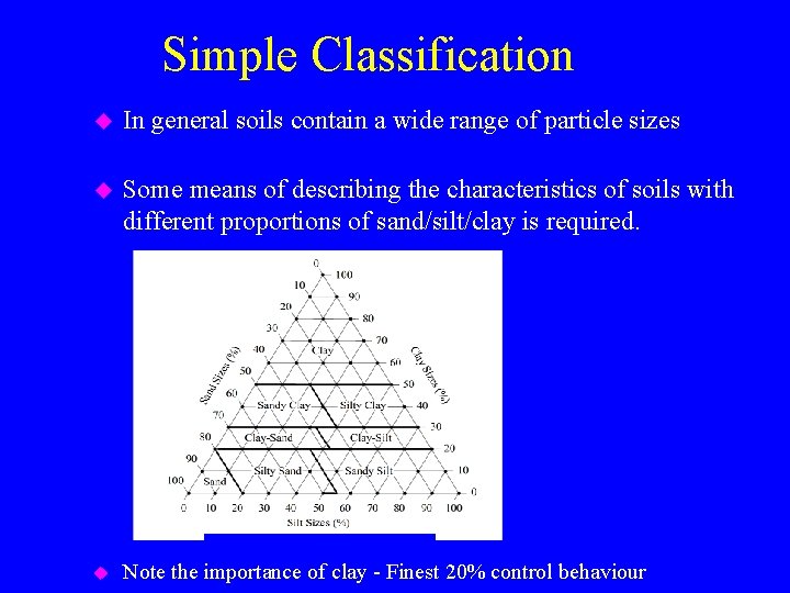 Simple Classification u In general soils contain a wide range of particle sizes u