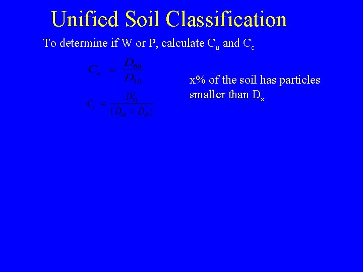 Unified Soil Classification To determine if W or P, calculate Cu and Cc x%