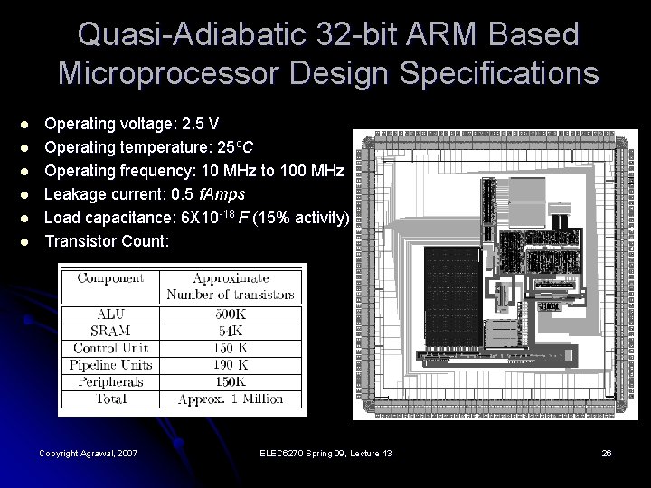 Quasi-Adiabatic 32 -bit ARM Based Microprocessor Design Specifications l l l Operating voltage: 2.