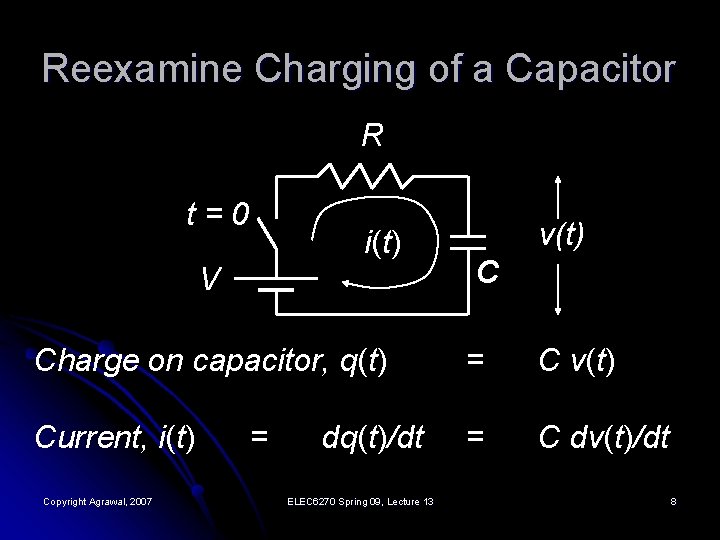 Reexamine Charging of a Capacitor R t=0 i(t) V v(t) C Charge on capacitor,