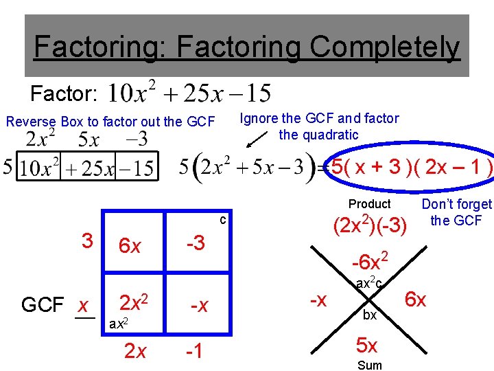 Factoring: Factoring Completely Factor: Ignore the GCF and factor the quadratic Reverse Box to
