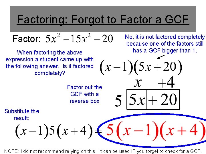 Factoring: Forgot to Factor a GCF Factor: When factoring the above expression a student