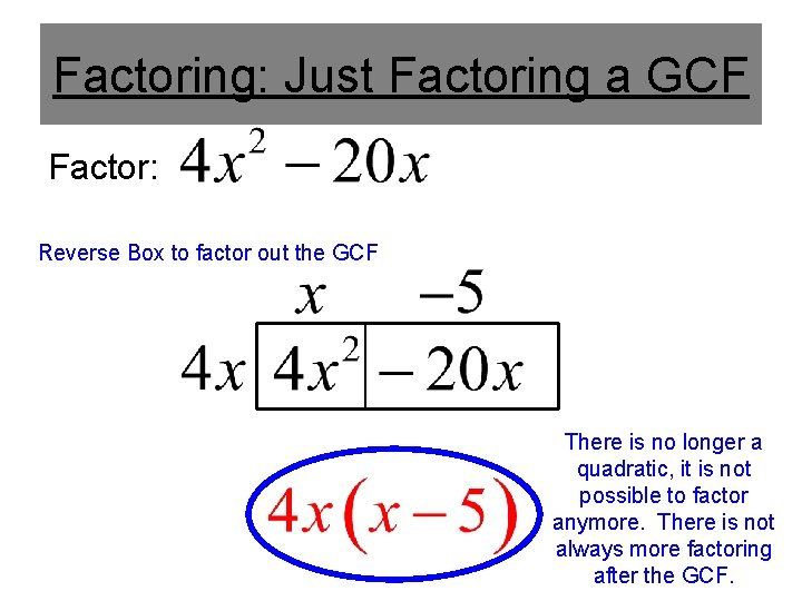 Factoring: Just Factoring a GCF Factor: Reverse Box to factor out the GCF There