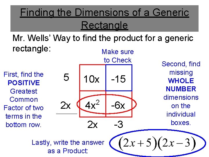 Finding the Dimensions of a Generic Rectangle Mr. Wells’ Way to find the product