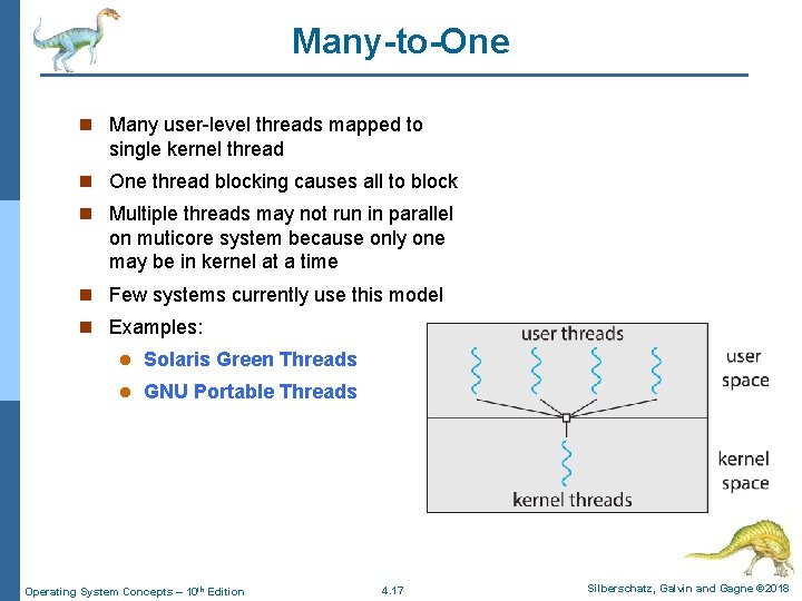 Many-to-One n Many user-level threads mapped to single kernel thread n One thread blocking