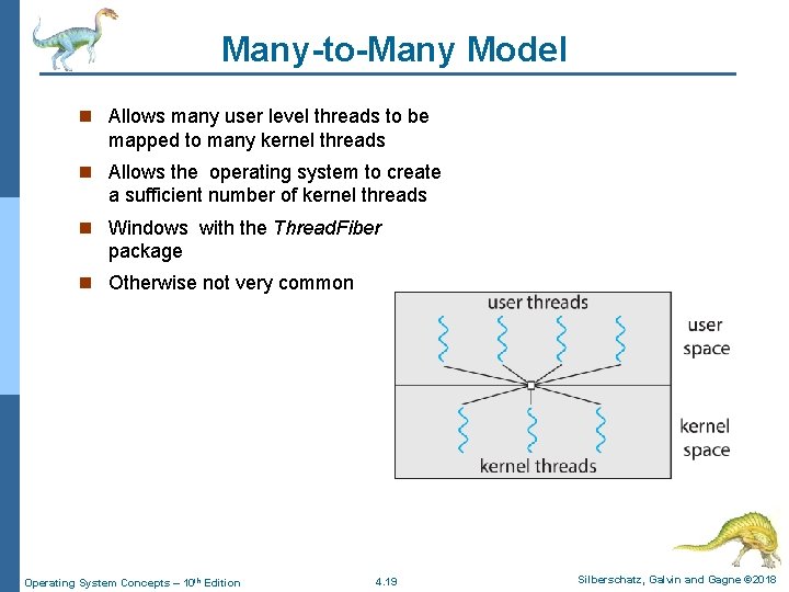 Many-to-Many Model n Allows many user level threads to be mapped to many kernel