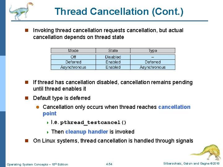 Thread Cancellation (Cont. ) n Invoking thread cancellation requests cancellation, but actual cancellation depends