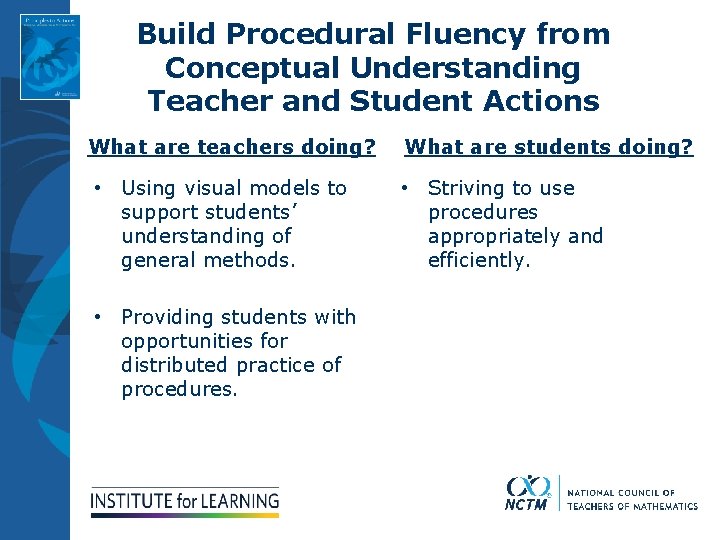 Build Procedural Fluency from Conceptual Understanding Teacher and Student Actions What are teachers doing?