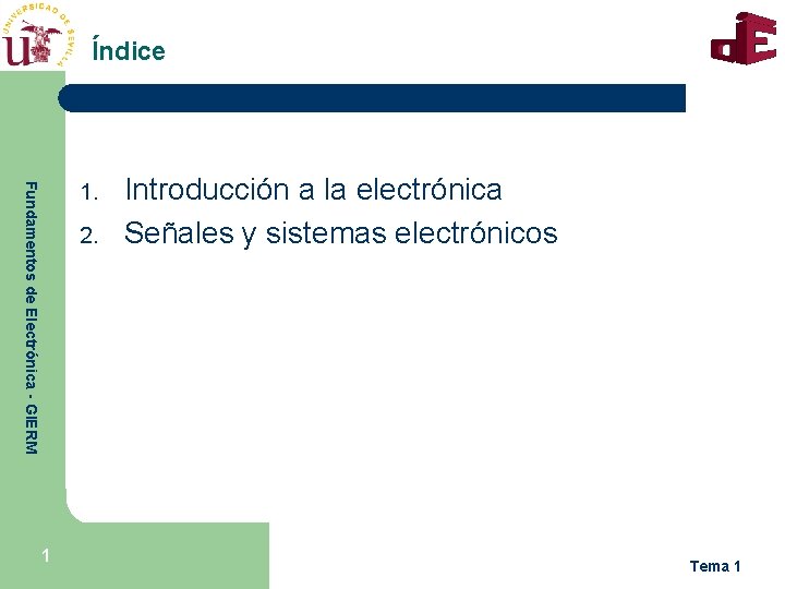 Índice Fundamentos de Electrónica - GIERM 1. 2. 1 Introducción a la electrónica Señales