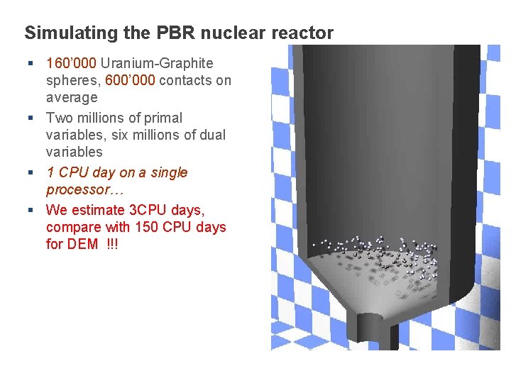 Simulating the PBR nuclear reactor § 160’ 000 Uranium-Graphite spheres, 600’ 000 contacts on