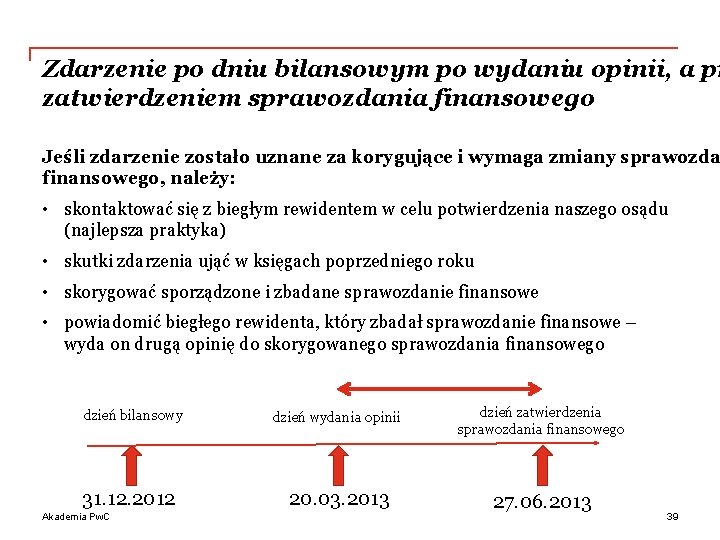 Zdarzenie po dniu bilansowym po wydaniu opinii, a pr zatwierdzeniem sprawozdania finansowego Jeśli zdarzenie