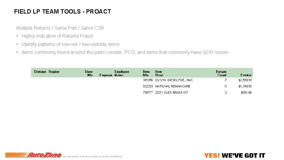 FIELD LP TEAM TOOLS - PROACT Multiple Returns / Same Part / Same CSR FIELD LP TEAM TOOLS - PROACT Multiple Returns / Same Part / Same CSR