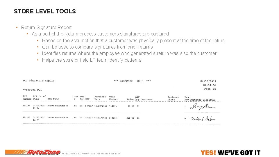 STORE LEVEL TOOLS • Return Signature Report • As a part of the Return STORE LEVEL TOOLS • Return Signature Report • As a part of the Return