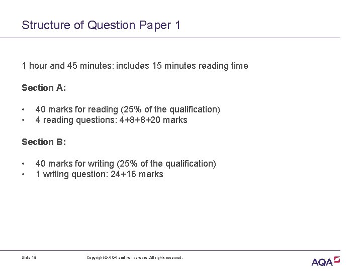 Structure of Question Paper 1 1 hour and 45 minutes: includes 15 minutes reading