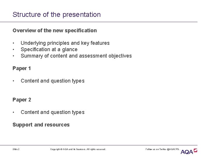 Structure of the presentation Overview of the new specification • • • Underlying principles